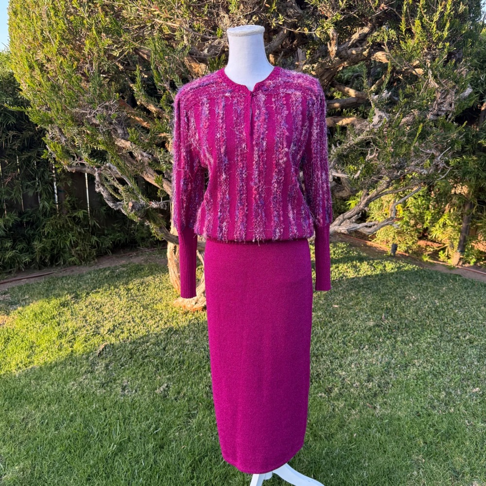 Jessica Knits Two‎ Piece Skirt Set Magenta Metallic Sparkle Knit Midi Medium VTG - Picture 14 of 16